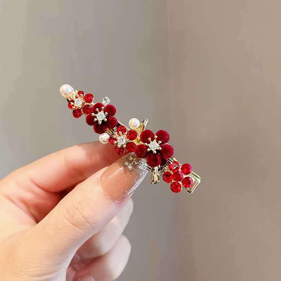 Épingle à cheveux rétro en perles et strass, fleur rouge, style tempérament, pince à ressort à moitié nouée, accessoires pour cheveux du Nouvel An féminin