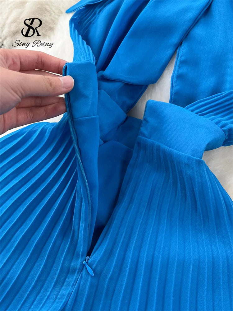 SINGREINY Vacation Halter Pleated Dress Hollow Out Backless Solid Women Sexy Chic Sundress Irregular Long Beach Party Vestidos