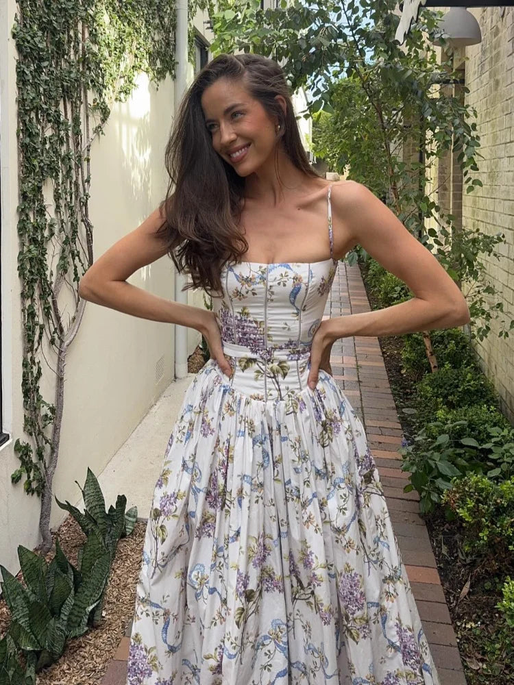Elegant Floral Print Spaghetti Strap Dress Women Chic Slim Backless Sleeveless Pleated A-line Robe Lady High Waist Party Vestido