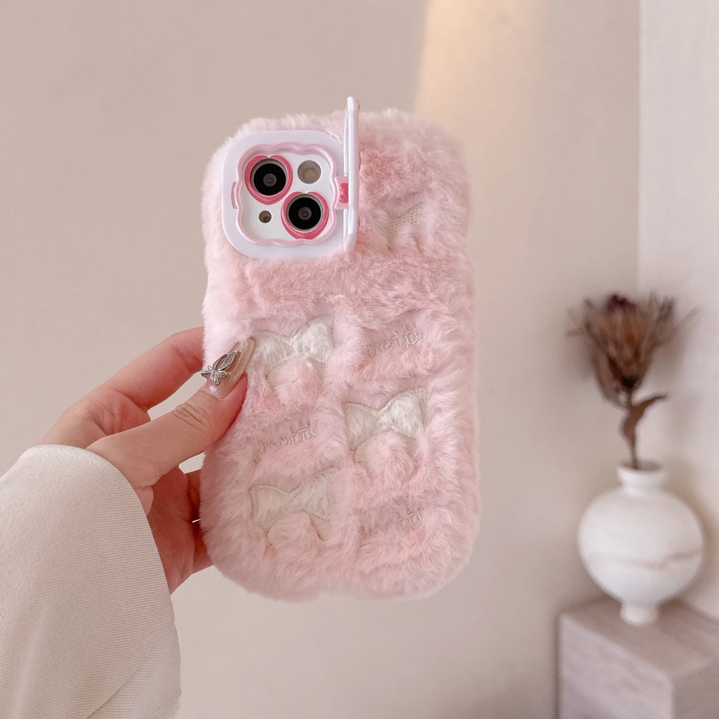 Cute Embroidered Bow Plush Phone Case for Girls Autumn Winter Furry Phone Case for iPhone 16 15 14 13 12 11 Pro Max