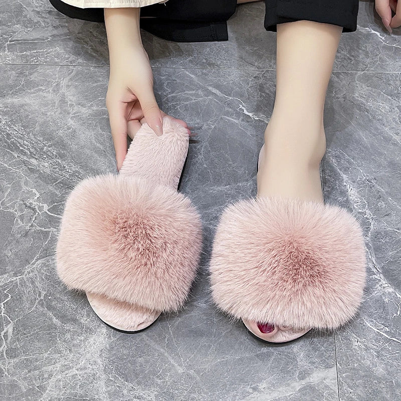 Chaussons d'hiver en fourrure rose pour femme, style kawaii, élégants, confortables et doux, à petit prix