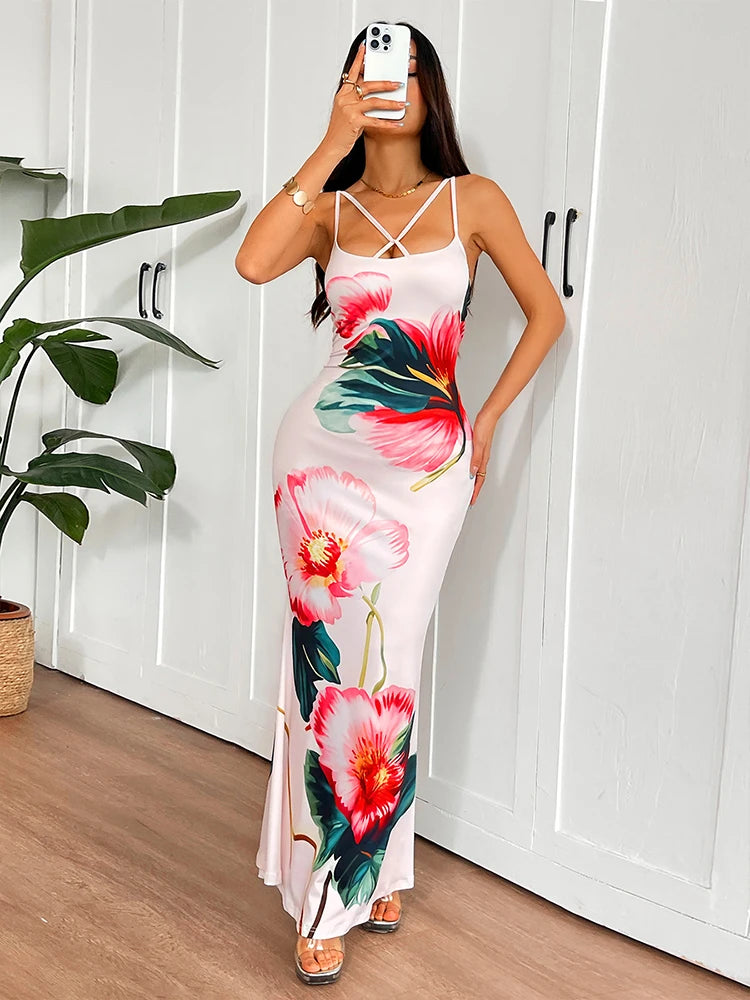 Women's Print Maxi Dresses Summer Sexy Backless Sleeveless Sling Dress New Streetwear Fashion Lady Casual Slim Dresses Clothing