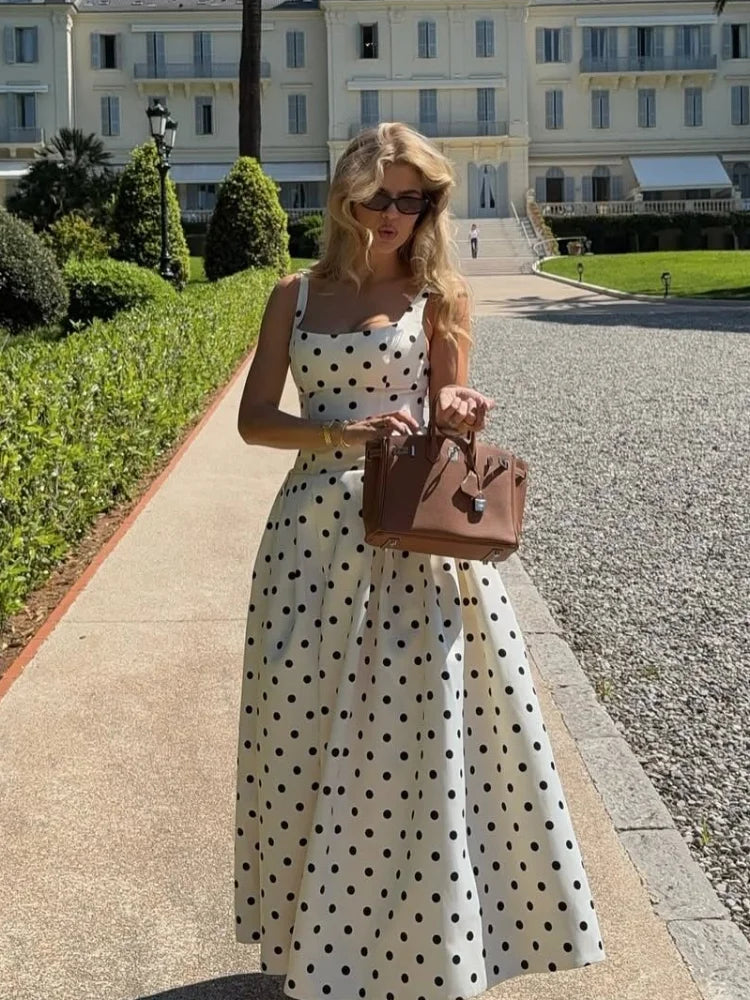 2025 Polka Dot Maxi Dresses Women Elegant Square Neck Lotus Hem Long Gowns Chic Lady Sleeveless High Waist Cinched Summer Robes