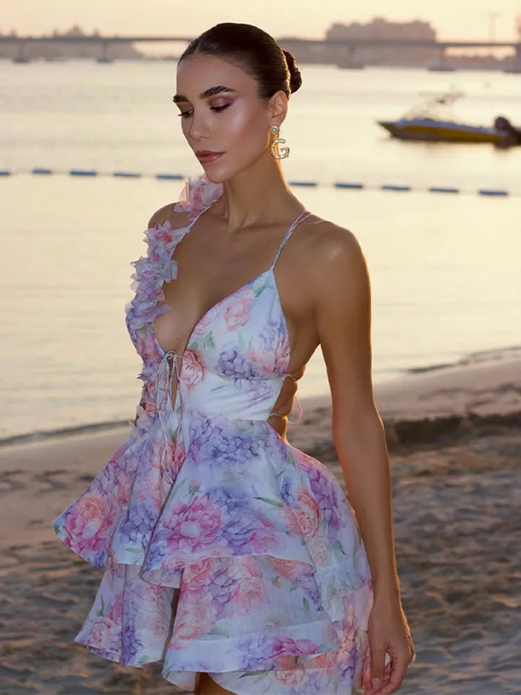 Sweet High Waist Slim Fit Pleated Mini Dress Fashion Printed Off-the-shoulder A-line Gown New Women Summer Party Club Vestidos