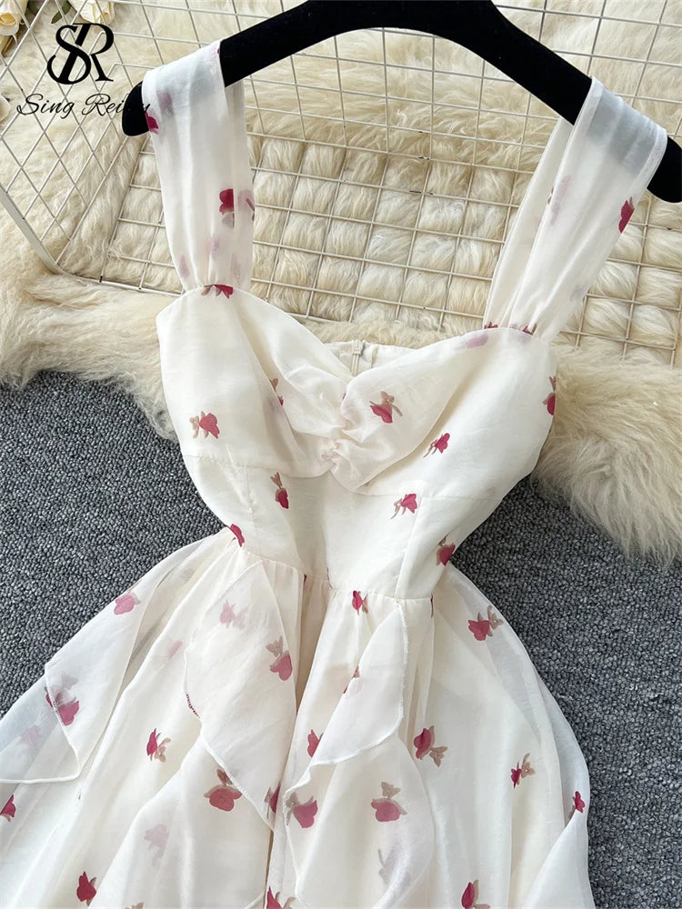 SINGREINY Beach Style Chiffon Dress Spaghetti Strap Sleeveless Floral Print Sweet Sundress Fashion Ladies Irregular Chic Dress