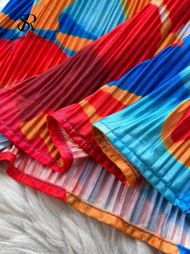 SINGREINY Vacation Beach Strapless Dress Female Sleeveless Chic Print Slim Sundress 2025 Bow Design Pleated Sexy Long Dress