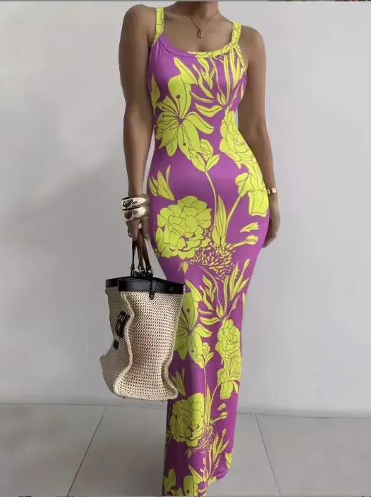Printed Slim Sexy Spaghetti Strap Long Dresses Women Fashion Trendy Y2k Sleeveless Solid Skinny Bodycon Maxi Vestidos Summer New
