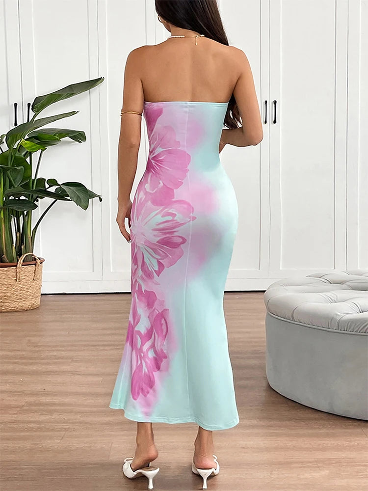 Sexy Women's Dresses New Summer Streetwear Fashion Print Casual Slim Maxi Dress Elegant Lady Backless Strapless Dresses Clothing
