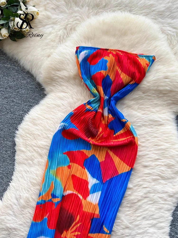 SINGREINY Vacation Beach Strapless Dress Female Sleeveless Chic Print Slim Sundress 2025 Bow Design Pleated Sexy Long Dress