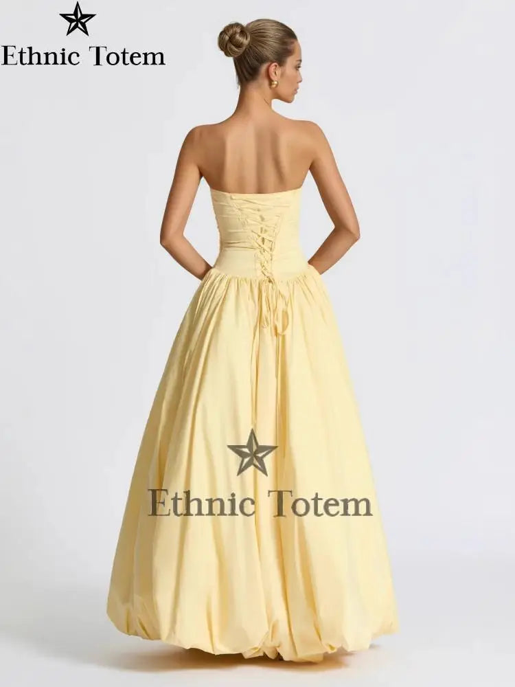 Womens Yellow Evening Dress Fashion Strapless A-line Bubble Hem Slim Robes Summer Lady Party Dresses vestidos 2025