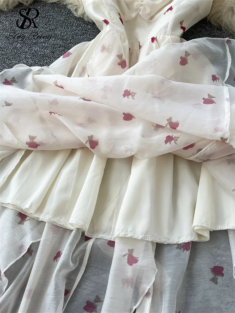 SINGREINY Beach Style Chiffon Dress Spaghetti Strap Sleeveless Floral Print Sweet Sundress Fashion Ladies Irregular Chic Dress