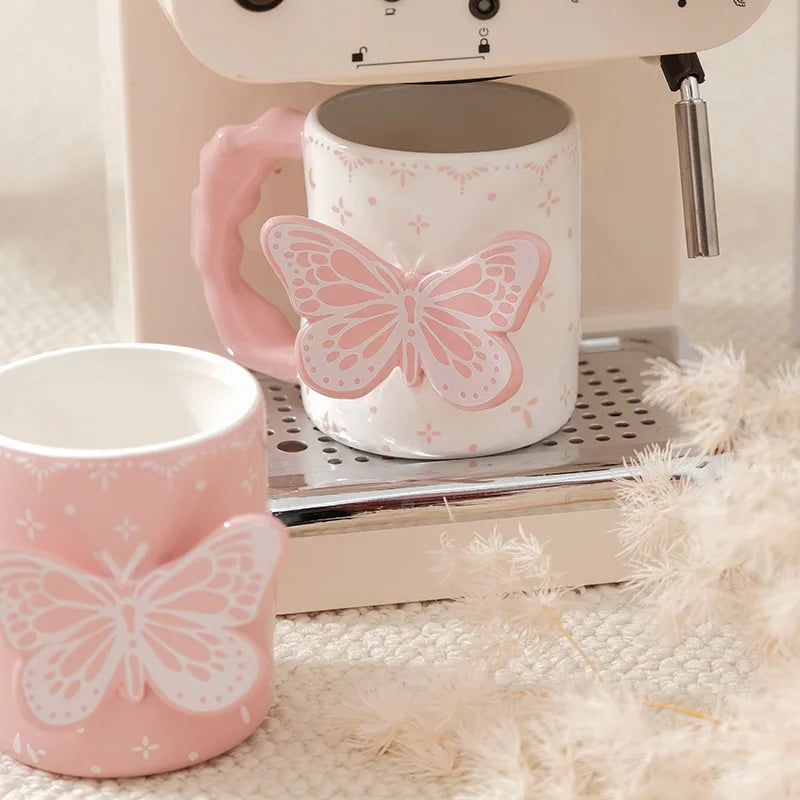 AhunderJiaz Tasse créative mignonne en forme de papillon rose, tasse en céramique mignonne pour couple, ensemble de tasses ménagères avec coffret cadeau, tasses à café
