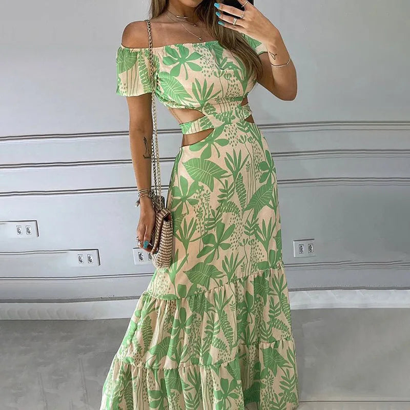 Sexy Women's Temperament Commuting Slim Fit Printing Hollow Lace up Large Swing Dress Women's Fashion Short Sleeve High Waist Dr
