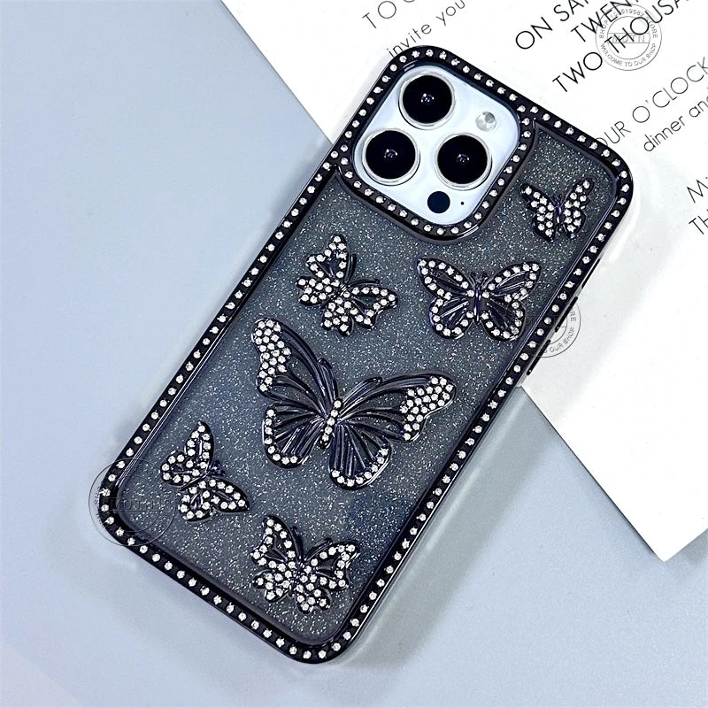 Bling Rhinestone 3D Case For iPhone 16 15 14 13 12 11 Pro Max Plus Cover Diamond Butterfly Shiny Sparkle Girls Cute Woman Beauty