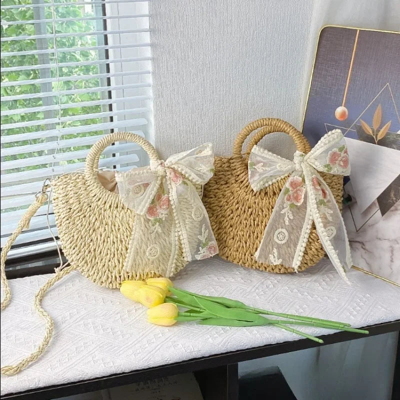Straw Bag Women Hand-Woven Handbag Moon Shape Lace Bow Rattan Bag Big Capacity Drawstring Casual Beach Shoulder Crossbody Bag