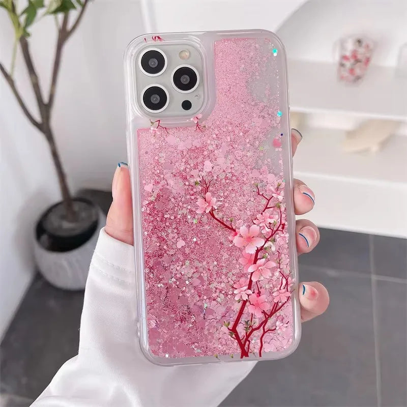 Peach Blossom Glitter Quicksand Case for iphone 16 15 14 13 Pro Max 16PRO Soft Protective Dynamic Liquid Cell Phone Cover Shell