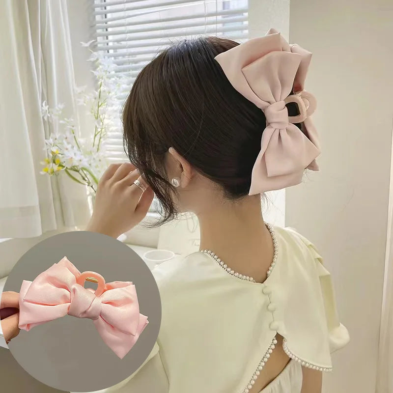 Fashion Double Side Solid Satin Chiffon Big Bows Plastic Large Crab Clips Claw for Women Girls Thick Hair Accessories Headwear