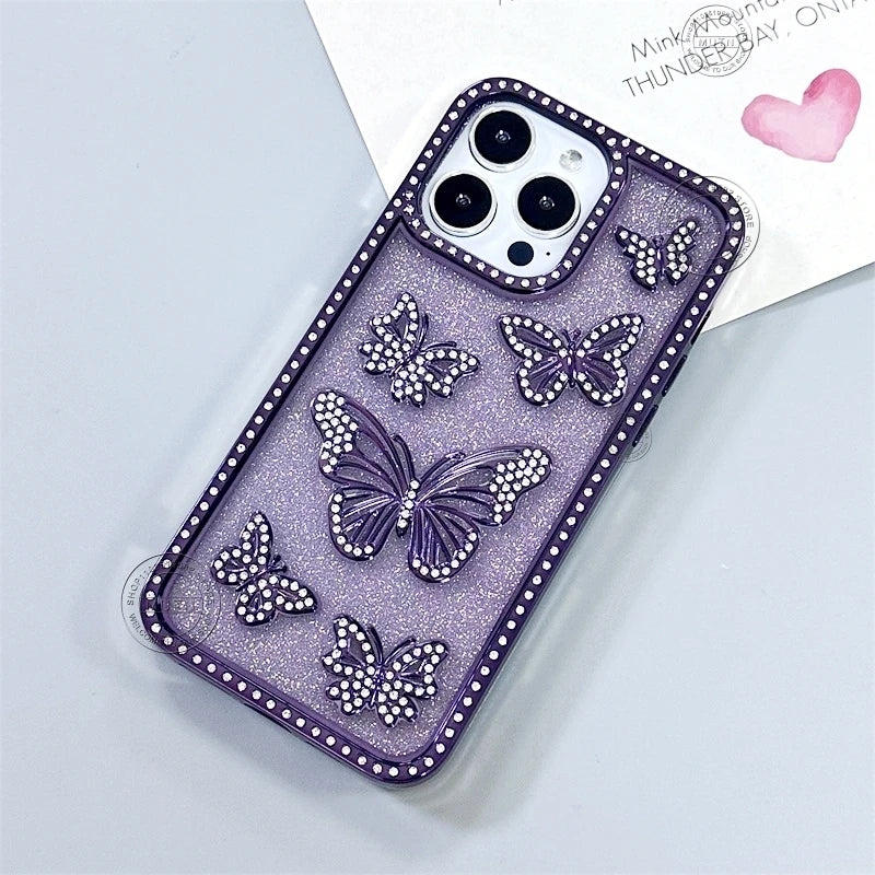Bling Rhinestone 3D Case For iPhone 16 15 14 13 12 11 Pro Max Plus Cover Diamond Butterfly Shiny Sparkle Girls Cute Woman Beauty