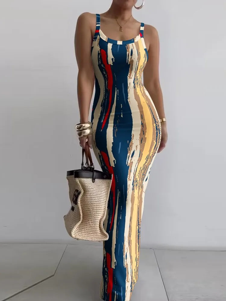 Printed Slim Sexy Spaghetti Strap Long Dresses Women Fashion Trendy Y2k Sleeveless Solid Skinny Bodycon Maxi Vestidos Summer New