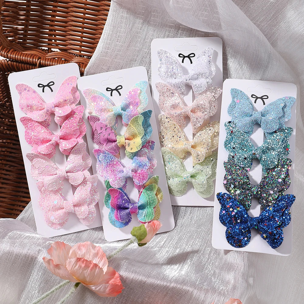 4Pcs/set Candy Colored Hair Clip Set for Girls Double Layered Bow Cute Bangs hair clip Cotton Safe Children's Hair Accessories