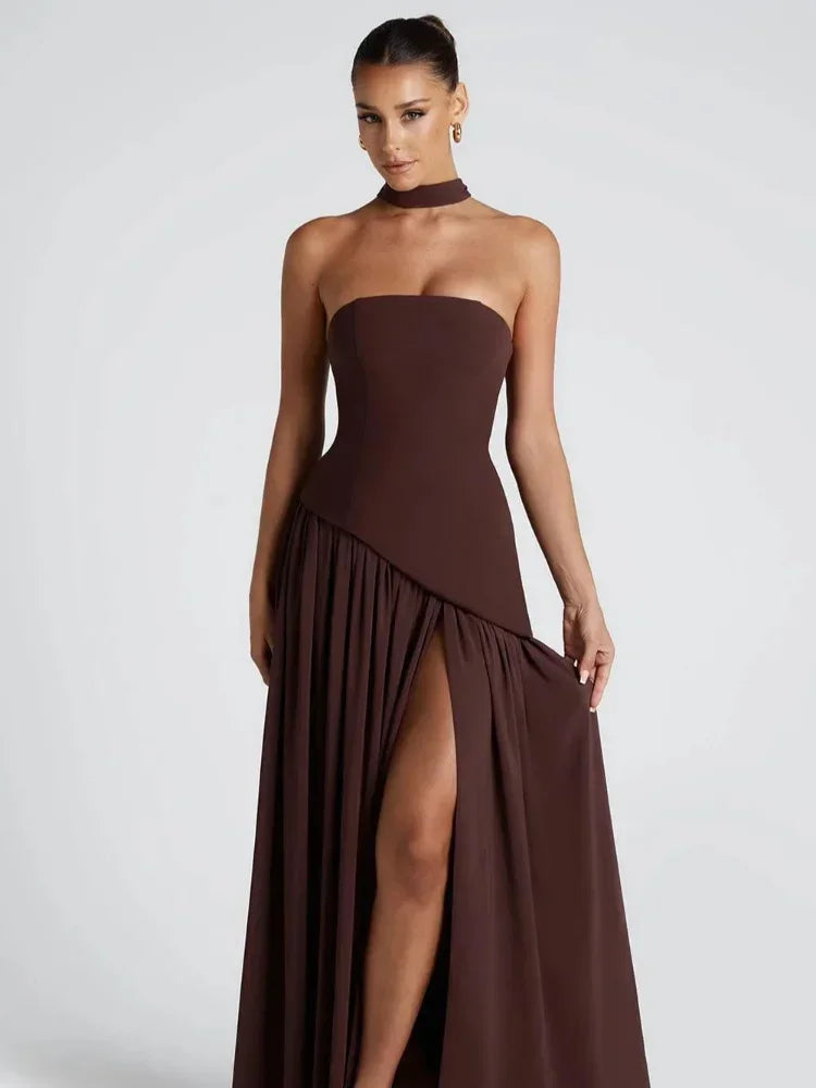 Elegant Solid Pleated Maxi Dress Women Sexy Sleeveless Off Shoulder High Slit Spliced Scarf Slim Fit Dresses 2025 New Party Wear