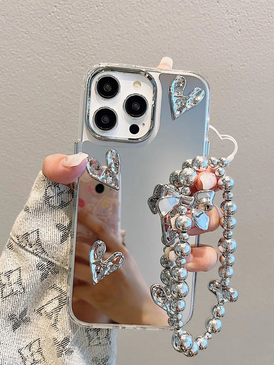 3D Heart with Chain Silver Plated Mirror Case For iPhone 14 15 Pro Max 11 12 13 Pro Max Drop Protection Cover