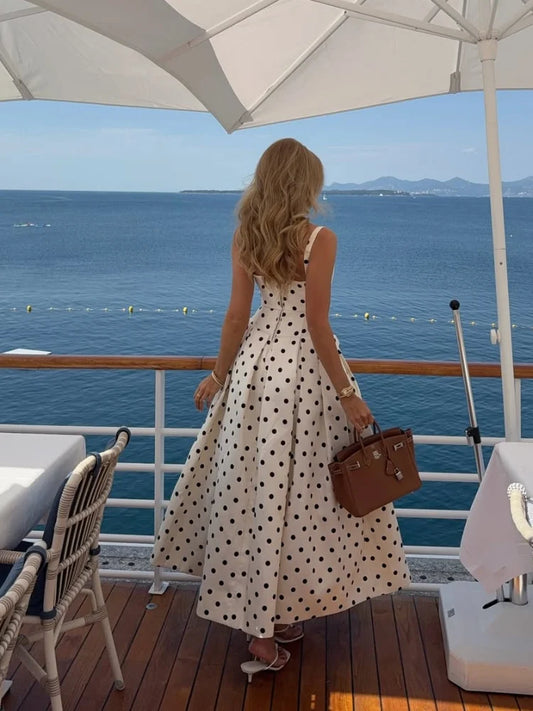 2025 Polka Dot Maxi Dresses Women Elegant Square Neck Lotus Hem Long Gowns Chic Lady Sleeveless High Waist Cinched Summer Robes