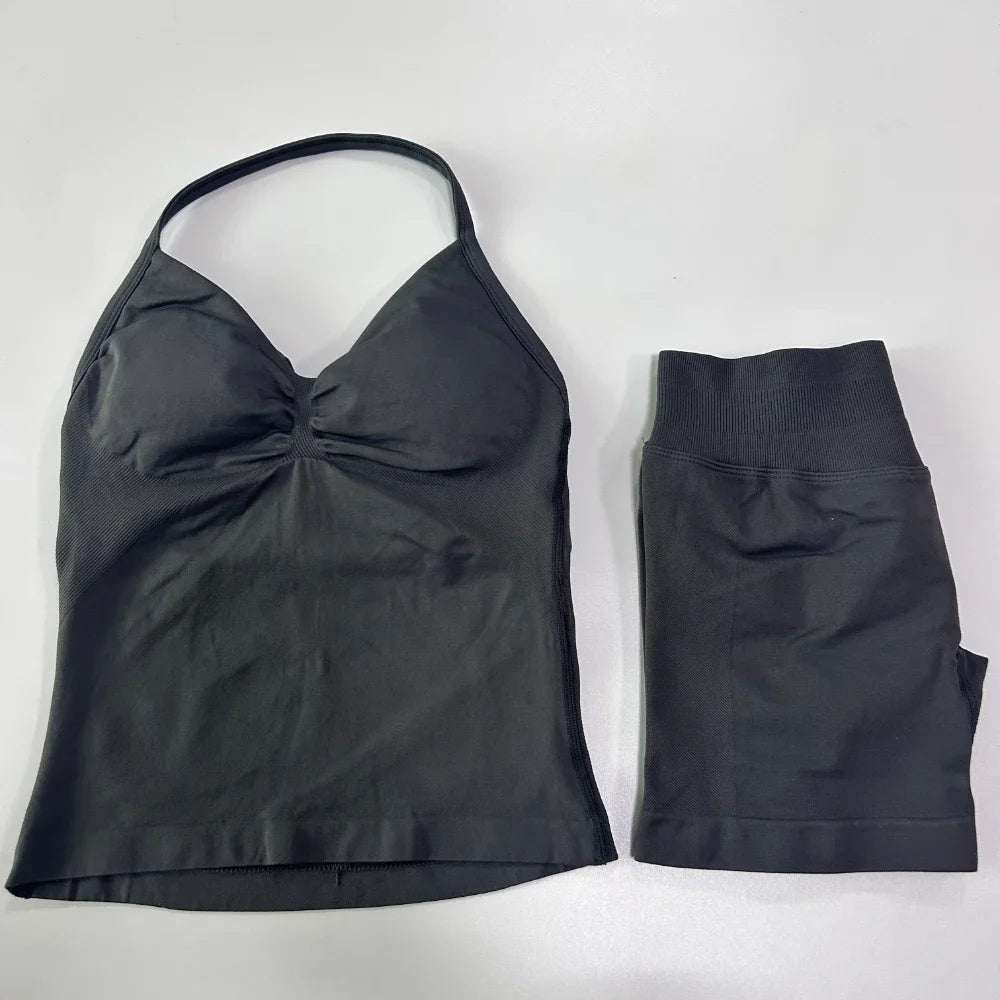 2Pcs Impact Gym Set Women Backless Tank Tops High Waist Scrunch Seamless Shorts Gym Suit Fitness Clothes Activewear Workout Sets