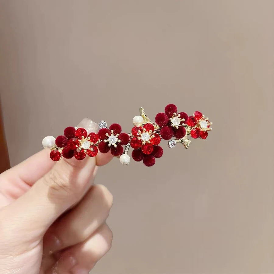 Épingle à cheveux rétro en perles et strass, fleur rouge, style tempérament, pince à ressort à moitié nouée, accessoires pour cheveux du Nouvel An féminin