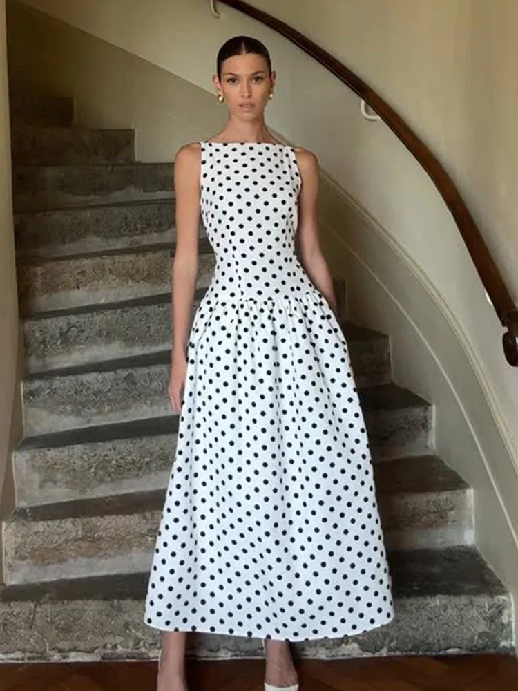 2025 Polka Dot Maxi Dresses Women Elegant Square Neck Lotus Hem Long Gowns Chic Lady Sleeveless High Waist Cinched Summer Robes