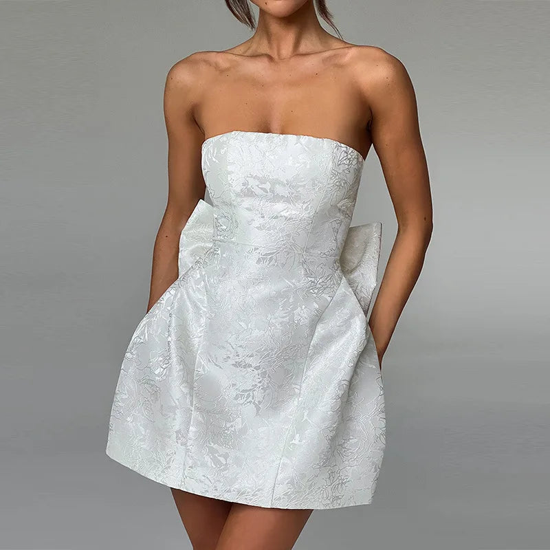 Robe courte élégante en jacquard, sans bretelles, avec nœud, corset blanc, épaules dénudées, dos nu, rose, pour soirée, anniversaire, nouveauté
