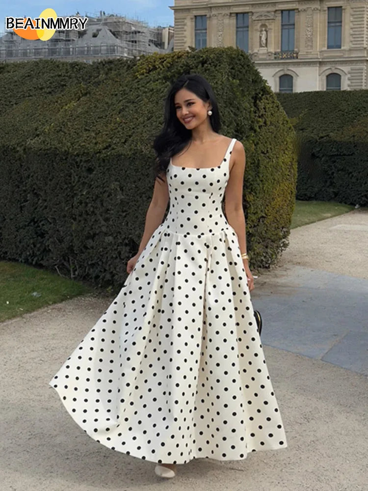 2025 Polka Dot Maxi Dresses Women Elegant Square Neck Lotus Hem Long Gowns Chic Lady Sleeveless High Waist Cinched Summer Robes