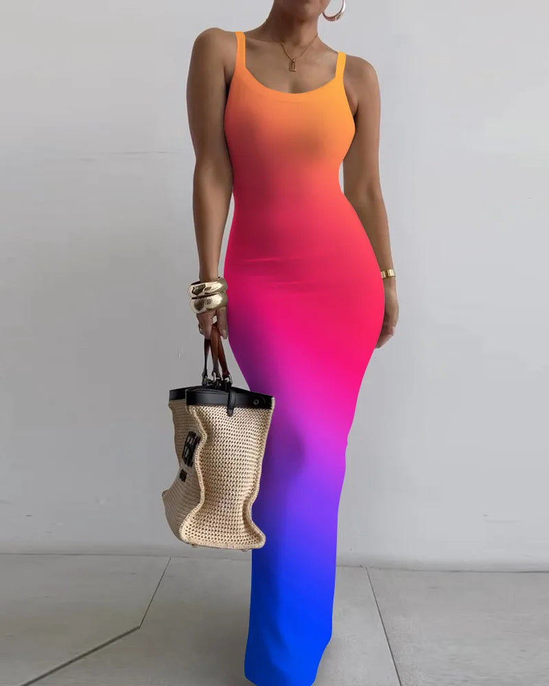 Printed Slim Sexy Spaghetti Strap Long Dresses Women Fashion Trendy Y2k Sleeveless Solid Skinny Bodycon Maxi Vestidos Summer New