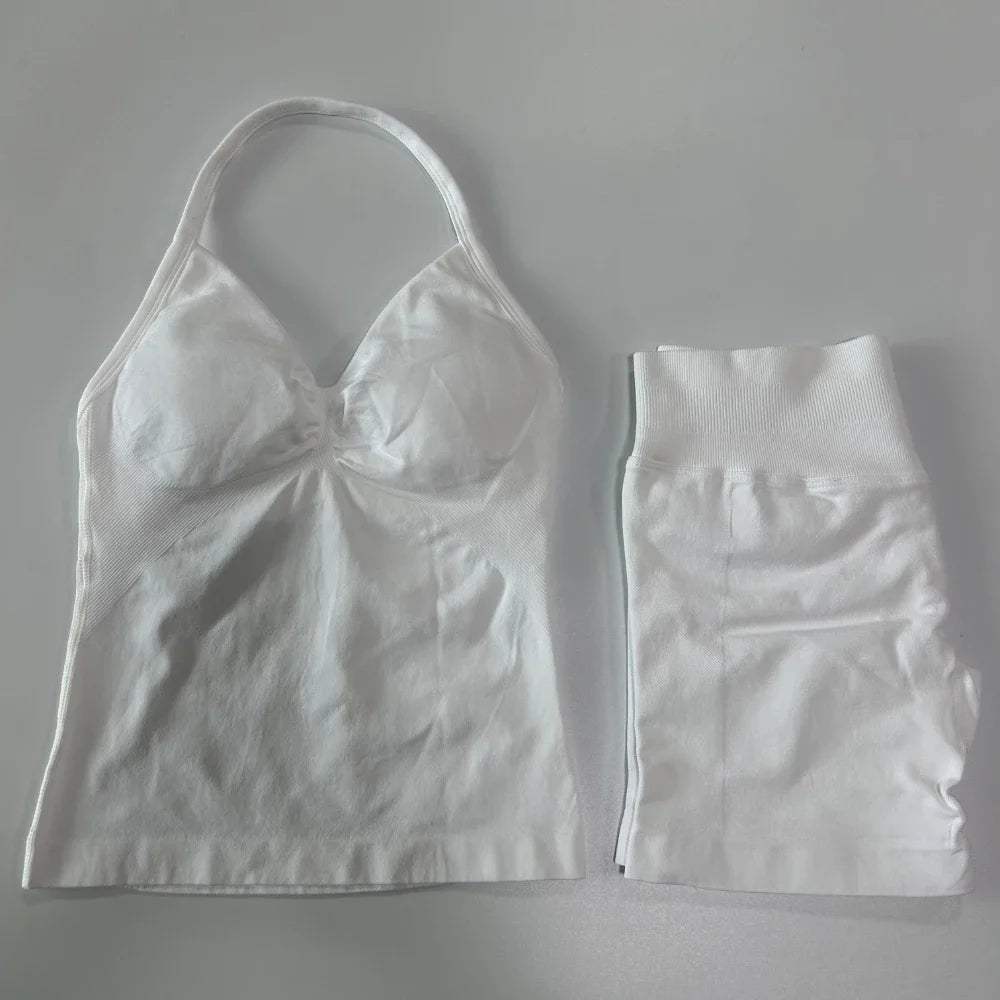 2Pcs Impact Gym Set Women Backless Tank Tops High Waist Scrunch Seamless Shorts Gym Suit Fitness Clothes Activewear Workout Sets