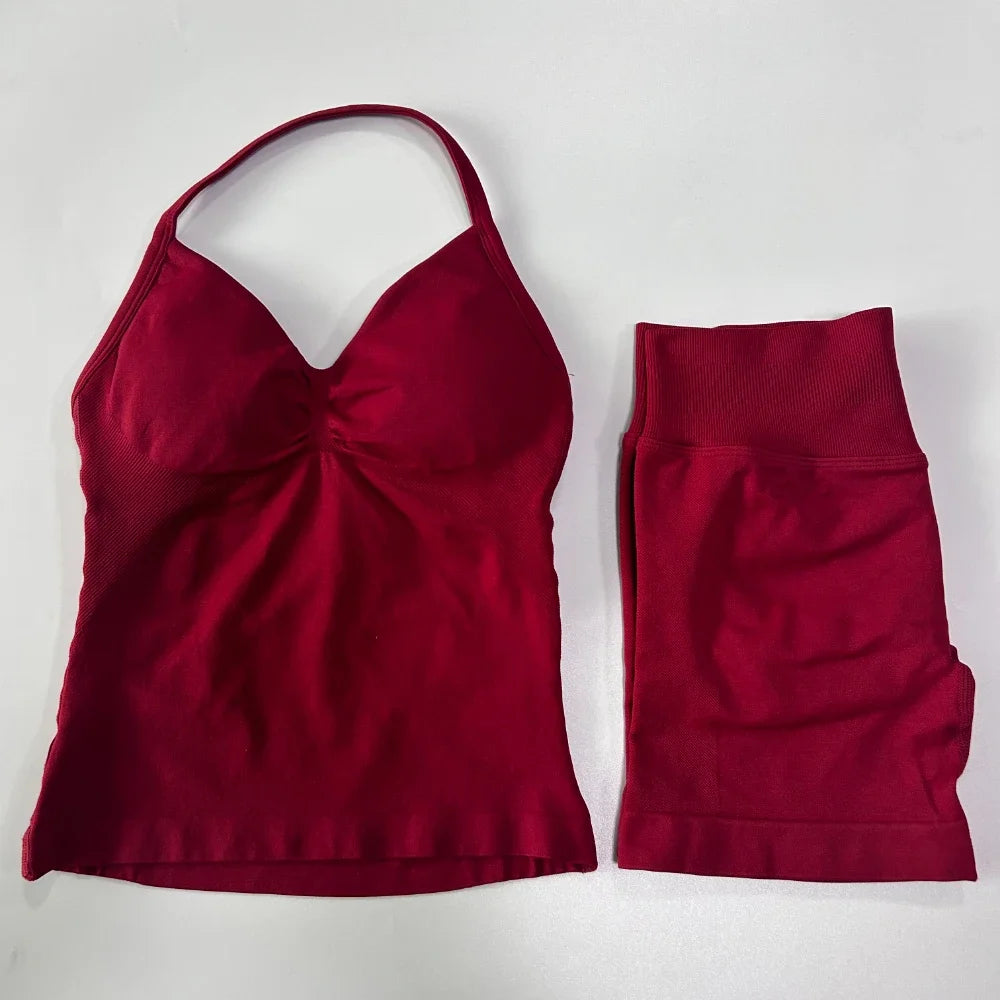 2Pcs Impact Gym Set Women Backless Tank Tops High Waist Scrunch Seamless Shorts Gym Suit Fitness Clothes Activewear Workout Sets