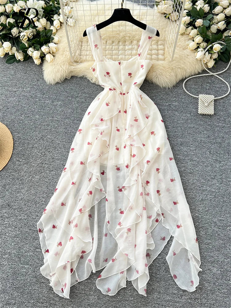 SINGREINY Beach Style Chiffon Dress Spaghetti Strap Sleeveless Floral Print Sweet Sundress Fashion Ladies Irregular Chic Dress