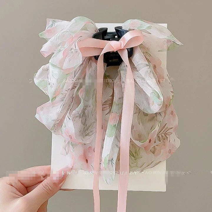 New Elegant Women Large Bow Hair Claw Chiffon Big Bowknot Stain Bow Barrettes Hairpin Women Color Ponytail Clip Hair Accessories
