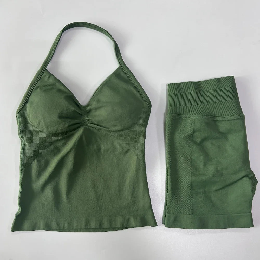 2Pcs Impact Gym Set Women Backless Tank Tops High Waist Scrunch Seamless Shorts Gym Suit Fitness Clothes Activewear Workout Sets