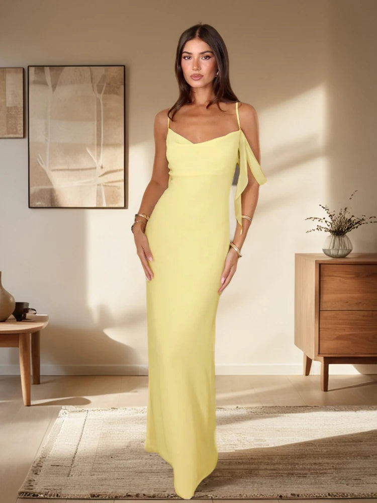 Robe longue élégante style années 2000 à col bas et fente latérale pour femme, tenue sexy dos nu avec ruban froncé, tendance nuit, bal de promo, soirée