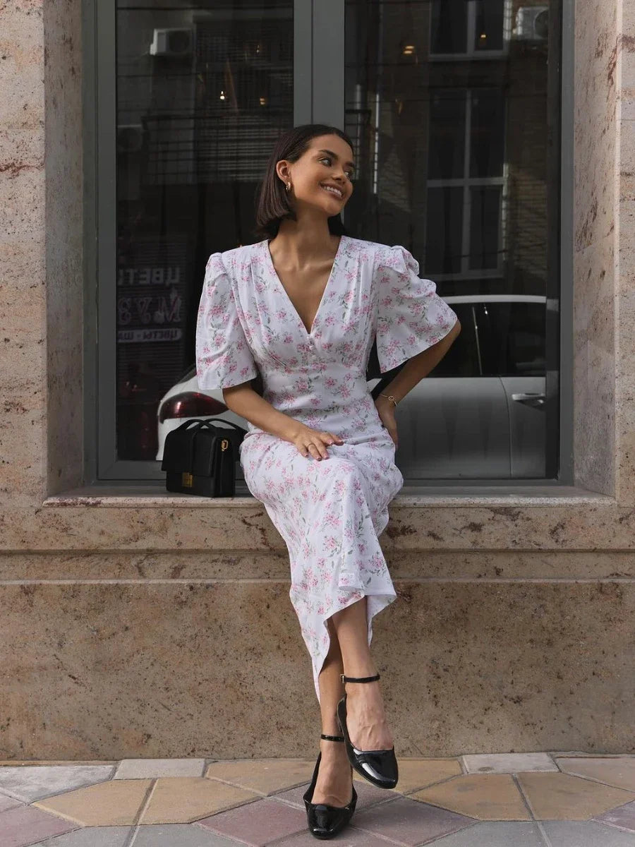 Wolfeel Summer Printed V-Neck Dress Women Fashionable Slim Fit Sexy Short Sleeves Long Skirt Temperament Office Women's Dress