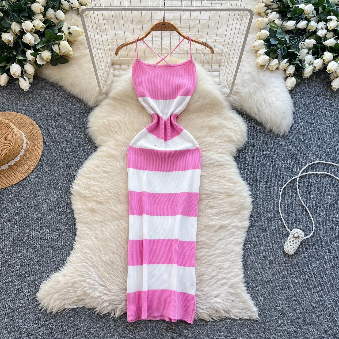 New Summer Stripe Elastic Bodycon Strap Dress Sexy Blackless Beach Sundress Women Casual Slim Pencil Vestidos Maxi Long Dress