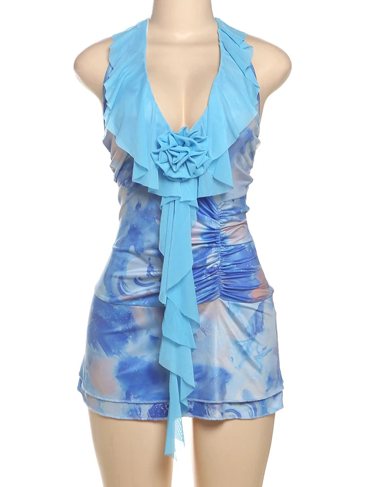 Nibber Halter Tie-Dye Print Dress Women Lace-Up Ruffles Patchwork Low-Neck Backless Vacation Beach Party Ruched Mini Bodycon