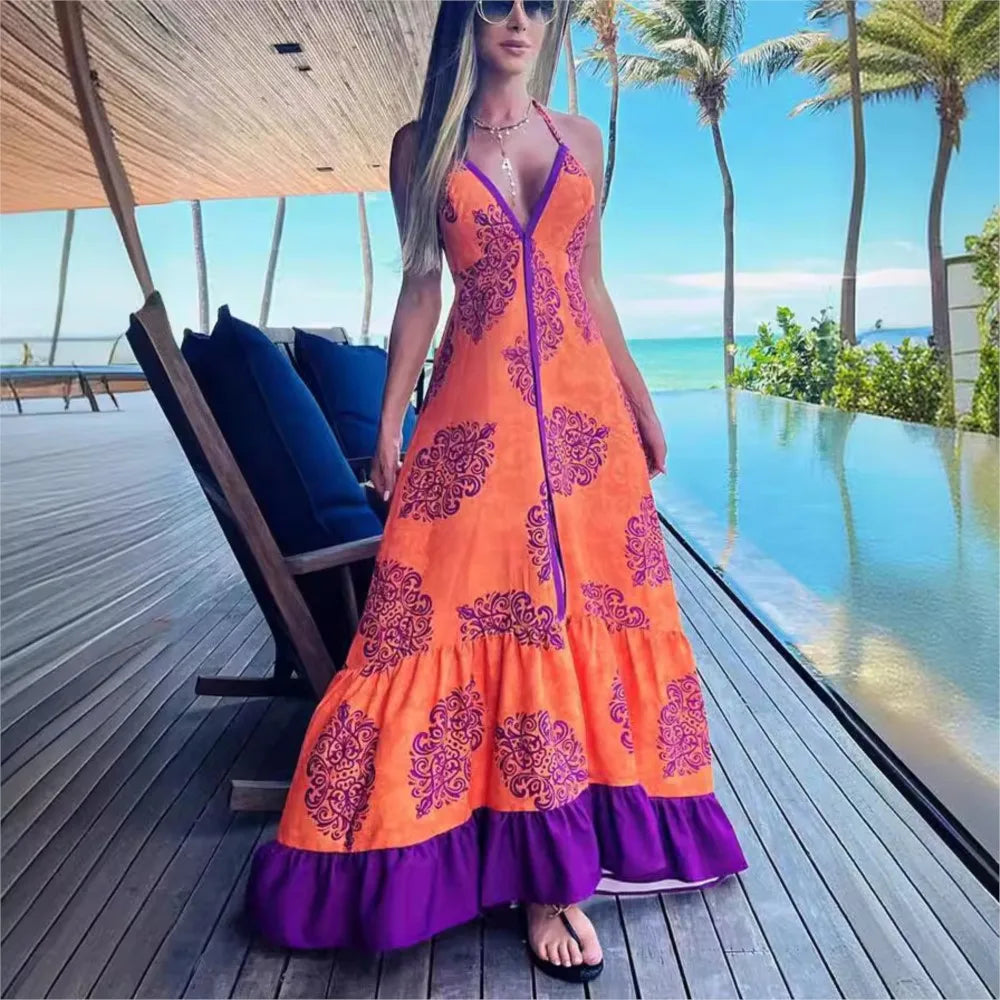 Fashion Print Sexy Halter Beach For Women's Dresses New Summer Slim Swing Elegant Female Deep V Neck Party Dress