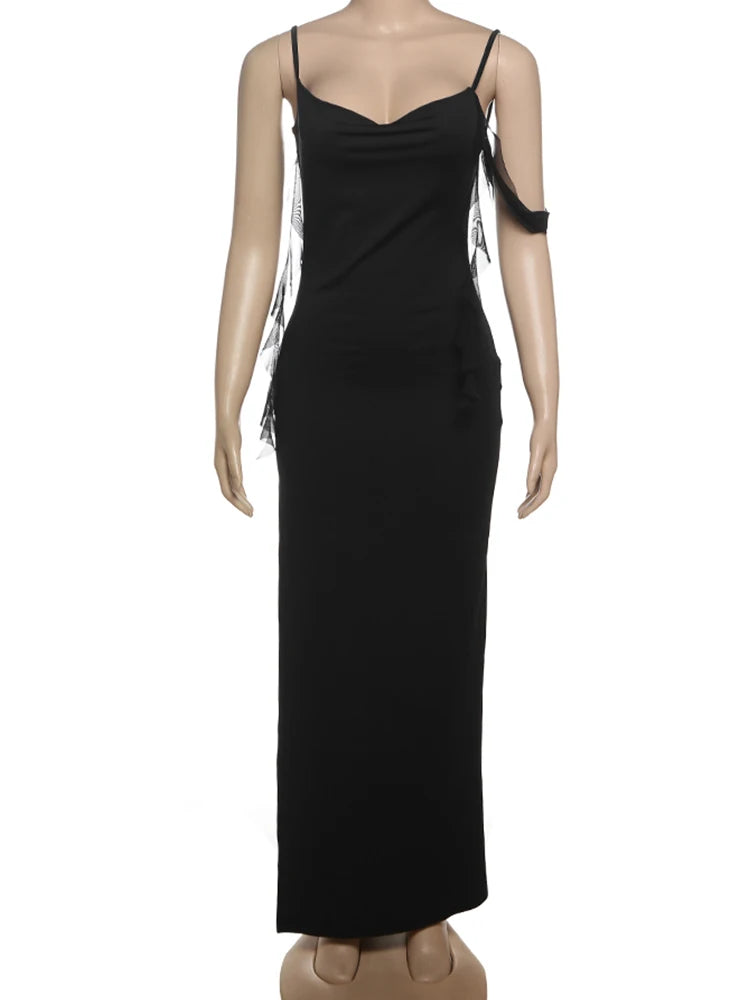 Robe longue élégante style années 2000 à col bas et fente latérale pour femme, tenue sexy dos nu avec ruban froncé, tendance nuit, bal de promo, soirée