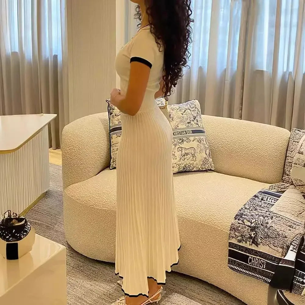 Été Femmes Blanc Longue Jupe Costume Manches Courtes Col V Crop Top Plissé Ensemble Élégant Robe 2 Pièces Jupe Ensemble