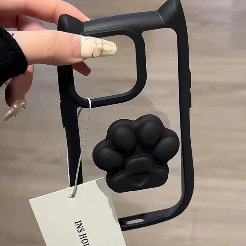 INS Cute 3D Cat Ear Claw Grip Tok Holder Phone Case for iPhone 15 14 13 12 11 Pro Max Plus XR Acrylic Transparent Cover