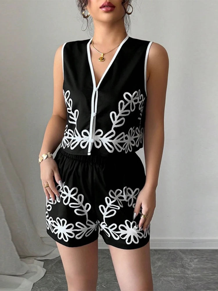 Summer 2025 Vacation Trends Stylish Print V-neck Vest+shorts Two-piece Suit New Summer Casual Slim Office Lady Short Sets