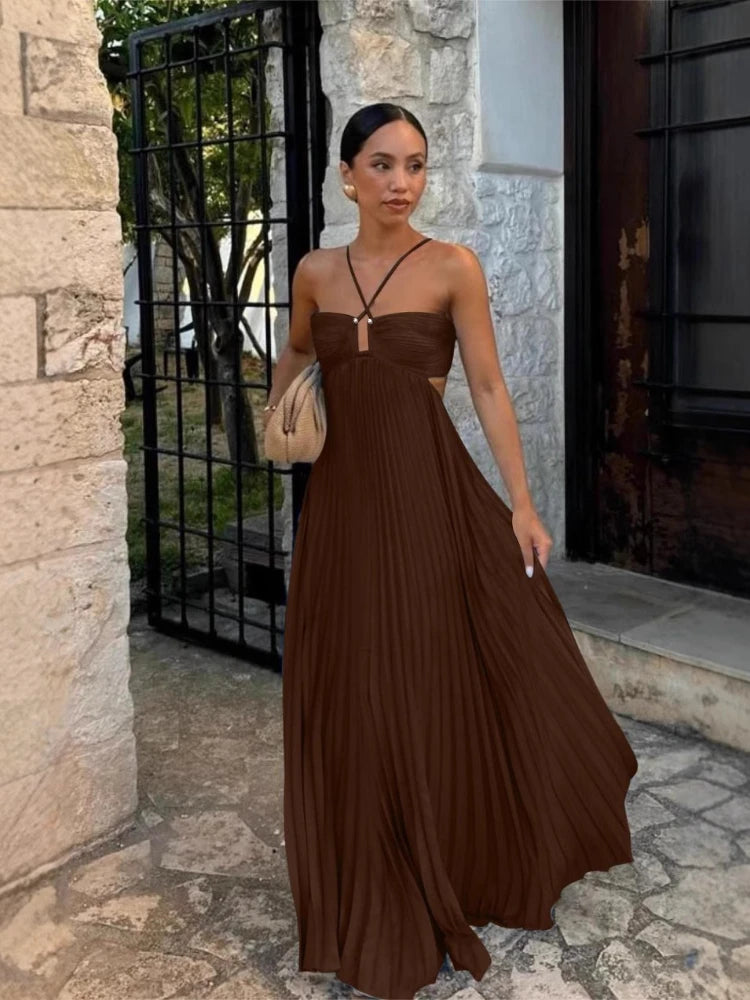 2025 New Women's Fashionable and Elegant Summer Camisole Beach Vacation Long Dress Elegant Backless Pleated Long Dress