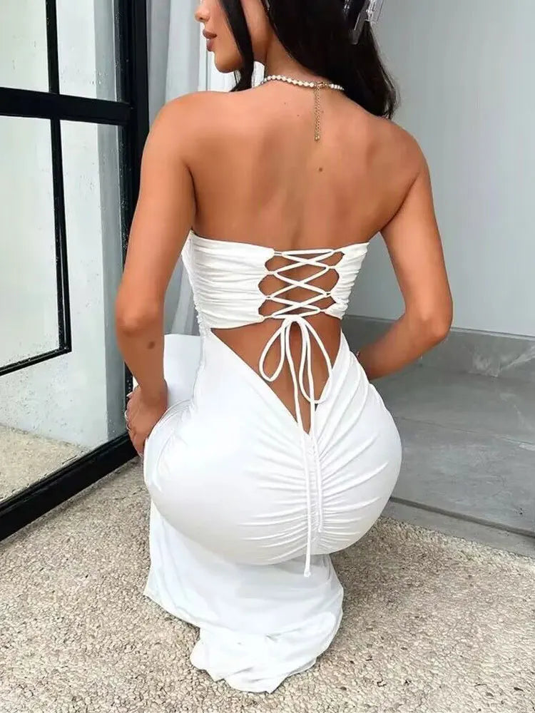 GACVGA Strapless Backless Lace-up Maxi Dress For Women 2024 Summer Off-shoulder Sleeveless Sexy Bodycon Club Party Long Dress
