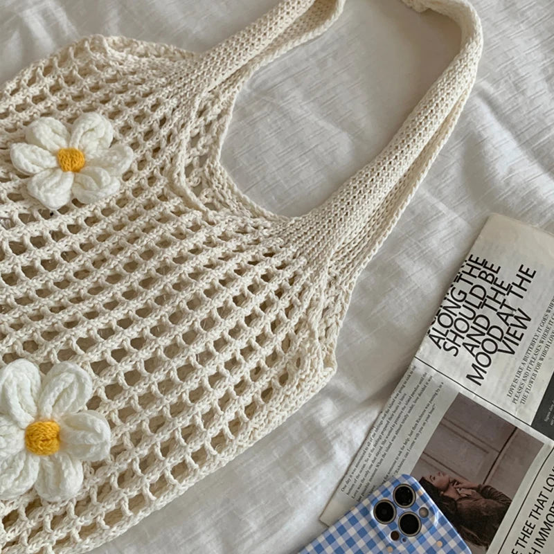 Women Knitted Shoulder Bag Fashion Tote Handbag Large Capacity Summer Beach Bag Lightweight Casual Top Handle Bag Chic Hobo Bag